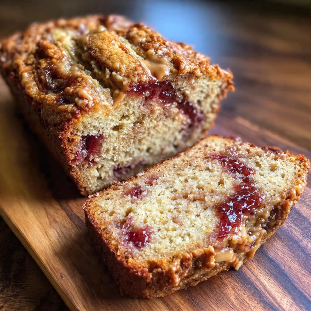 Peanut Butter and Jelly Banana Bread 4 Peanut Butter and Jelly Banana Bread combines everything you love about classic PB&J with tender, moist banana bread. Every slice is packed with ribbons of creamy peanut butter and sweet jam