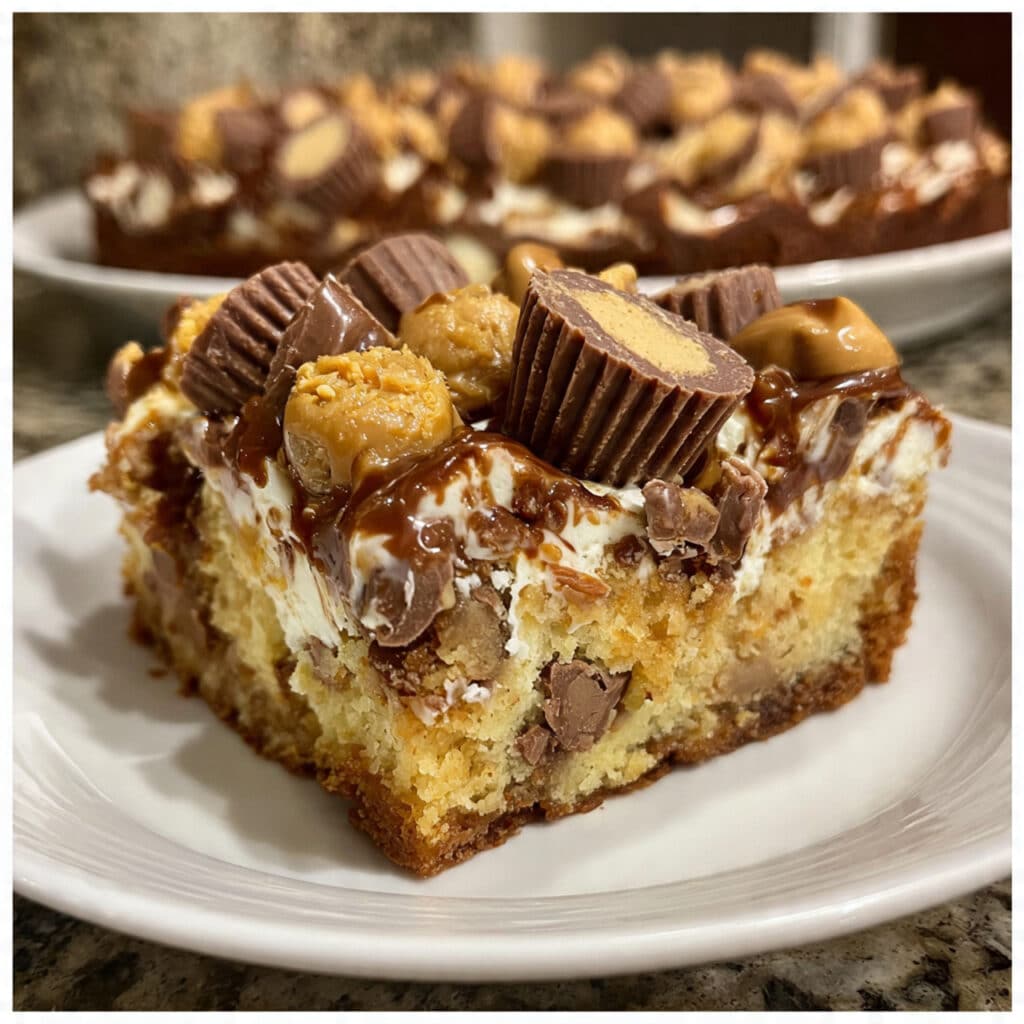 Peanut Butter Cup Dump Cake 8 Peanut Butter Cup Dump Cake on a white plate with melted chocolate chips and peanut butter cups visible, topped with vanilla ice cream