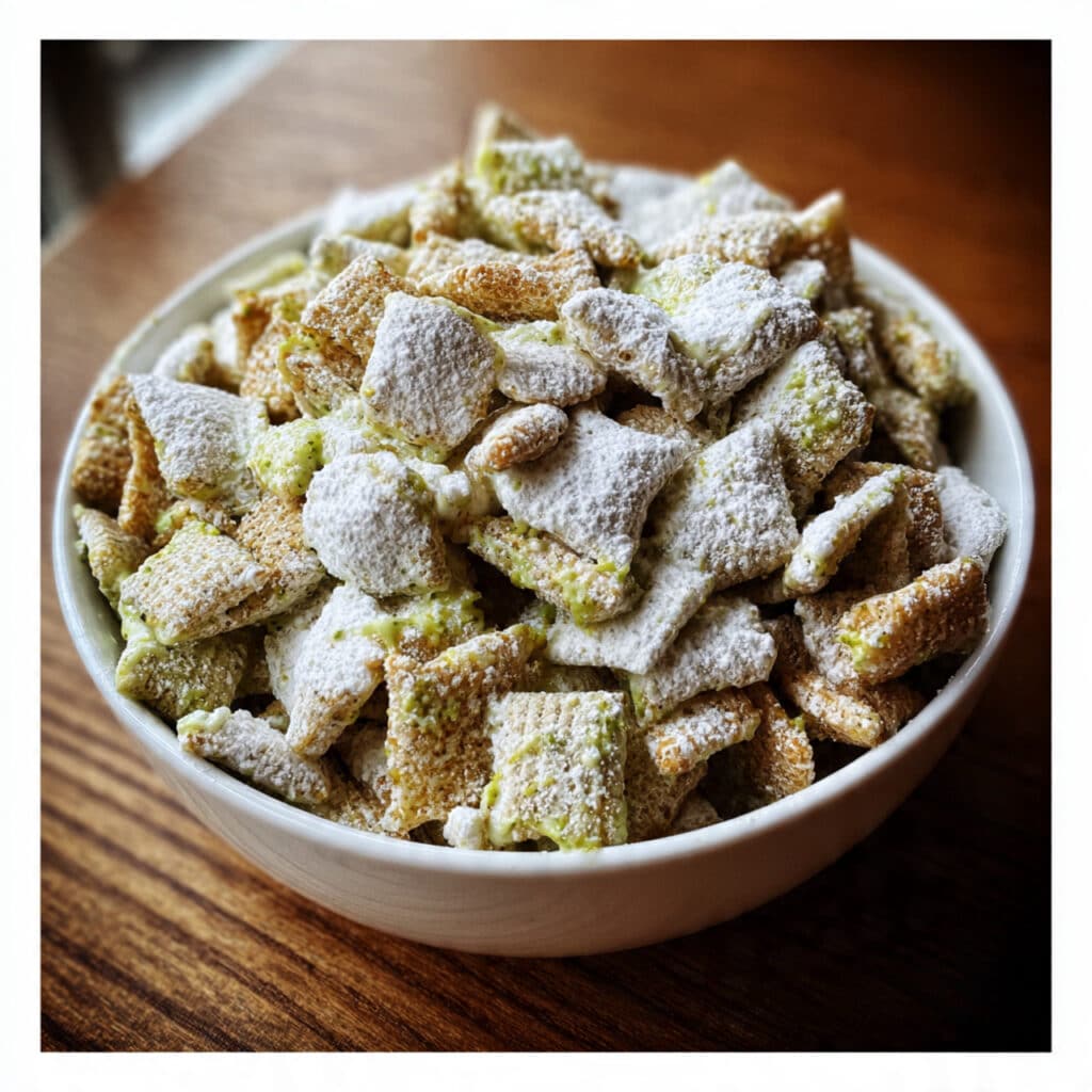 Addictive Pistachio Puppy Chow – the perfect no-bake sweet snack that's ready in 15 minutes! Creamy pistachio flavor meets crunchy cereal for an irresistible treat.