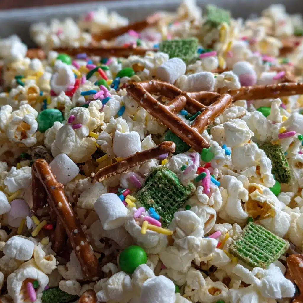 Loaded Leprechaun Popcorn showing colorful green cereal pieces, white chocolate-coated popcorn clusters, pretzels, marshmallows, and festive sprinkles in a clear bowl