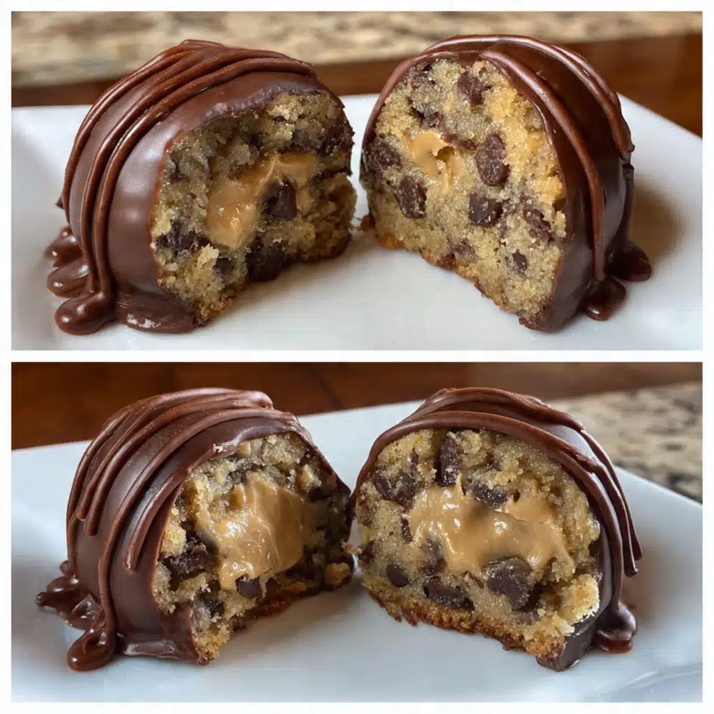 Chocolate chip cookie dough brownie bombs on a white plate with one cut in half showing the cookie dough filling inside