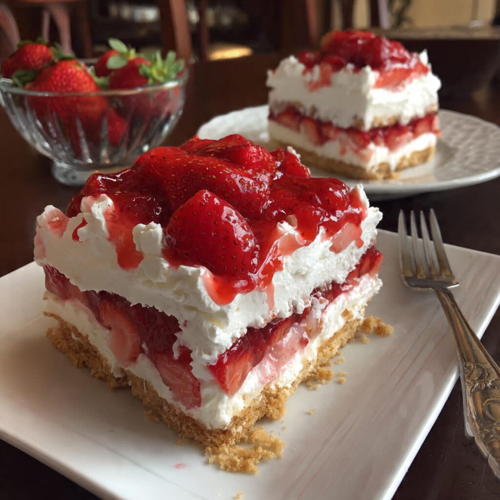 Strawberry Heaven 4 Strawberry Heaven – layers of buttery cookie crust, fluffy cream cheese, homemade strawberry filling, and clouds of whipped cream.