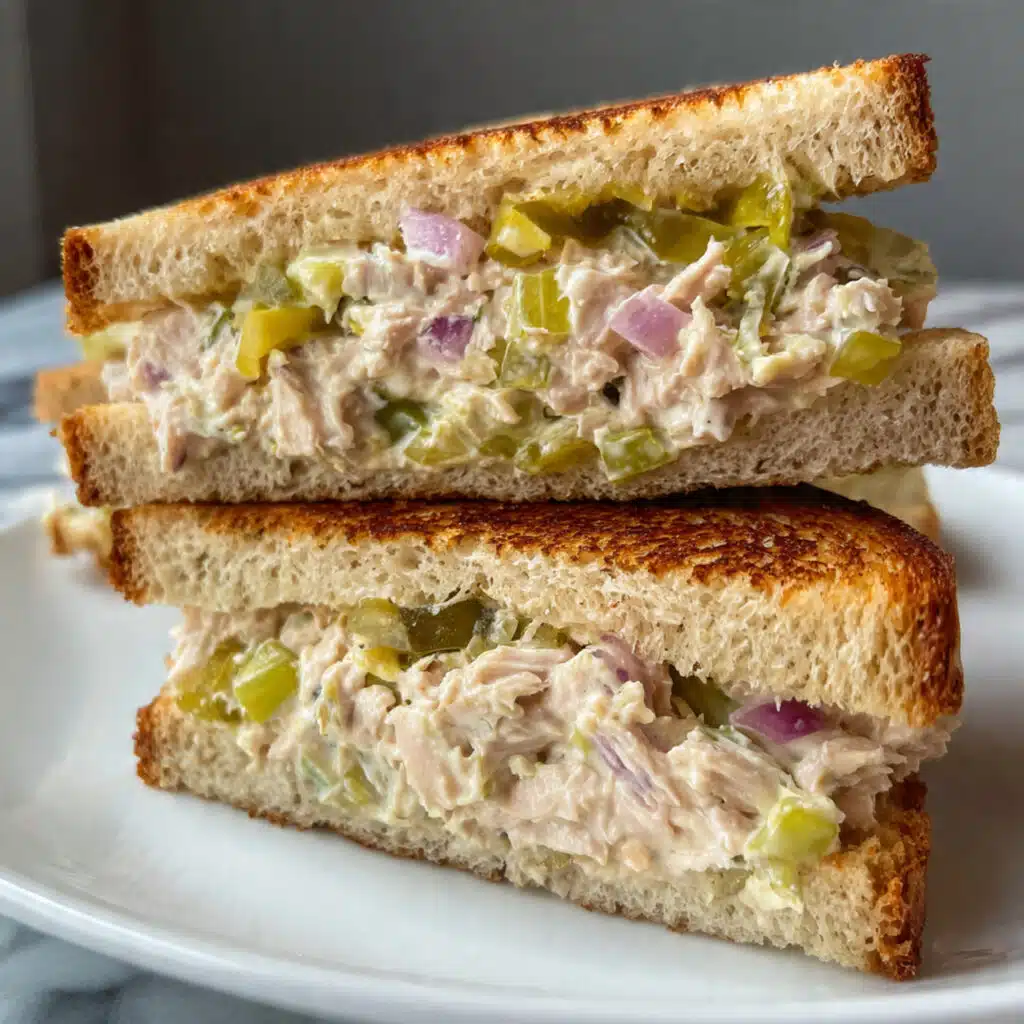 Creamy tuna salad sandwich on toasted wheat bread with crisp lettuce and fresh tomato slices, served with pickle spears and chips on a white plate