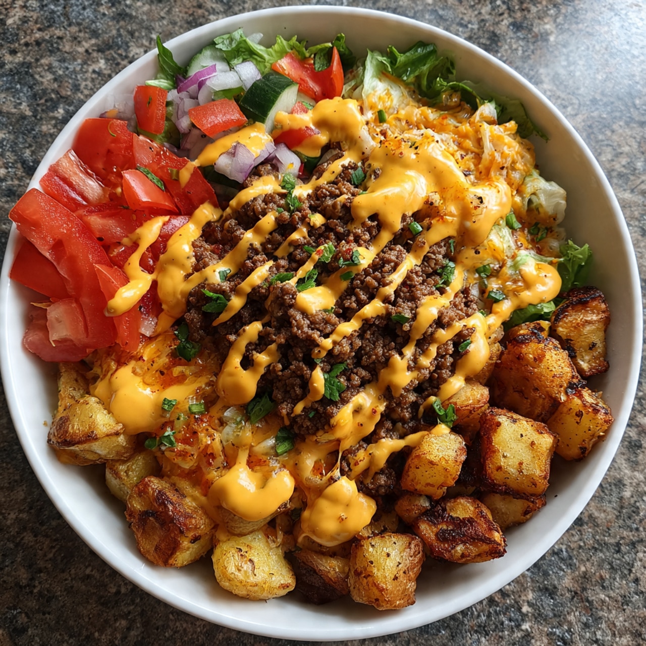 Burger Bowl Recipe: All your favorite burger flavors in a bowl! Crispy Cajun potatoes, seasoned beef, fresh veggies, melted cheese, and the BEST burger sauce