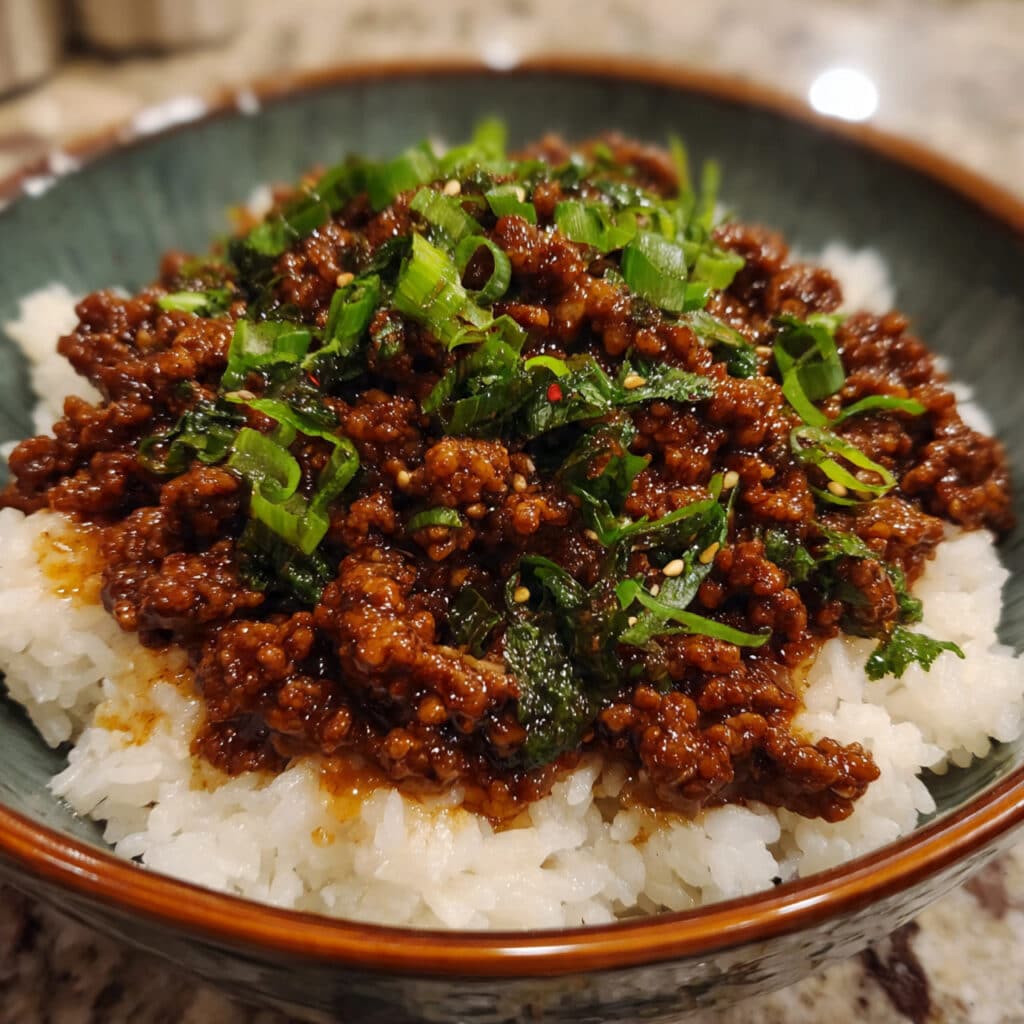 A bowl of Mongolian ground beef served over white rice, garnished with sliced green onions and sesame seeds, with glossy brown sauce coating the beef