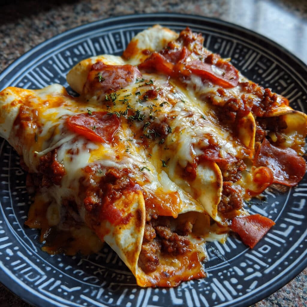 Golden-brown pizza enchiladas in a baking dish topped with melted mozzarella cheese, pepperoni slices, and crumbled bacon with pizza sauce