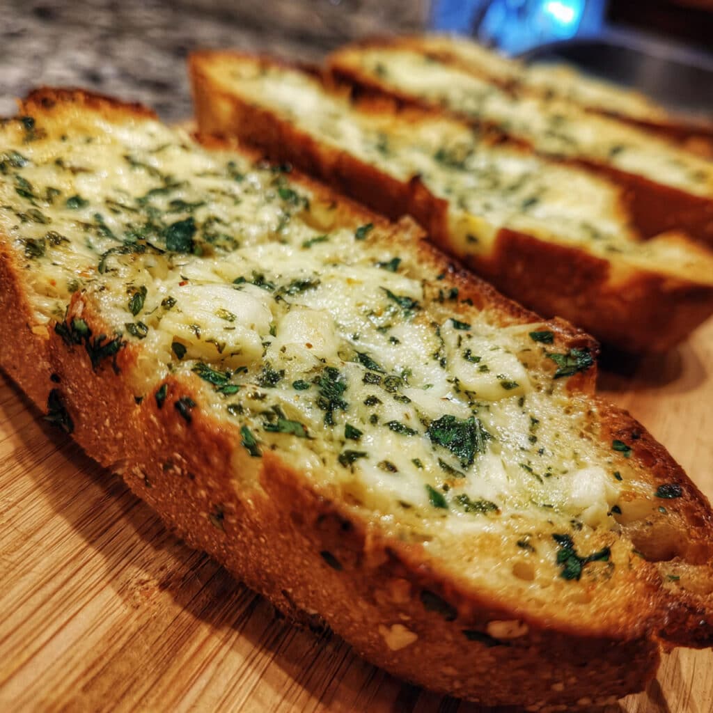 Golden brown garlic bread with melted mozzarella cheese, fresh parsley, and visible garlic pieces on a wooden cutting board