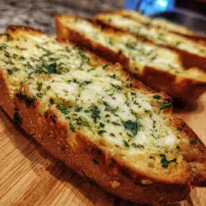 Golden brown garlic bread with melted mozzarella cheese, fresh parsley, and visible garlic pieces on a wooden cutting board