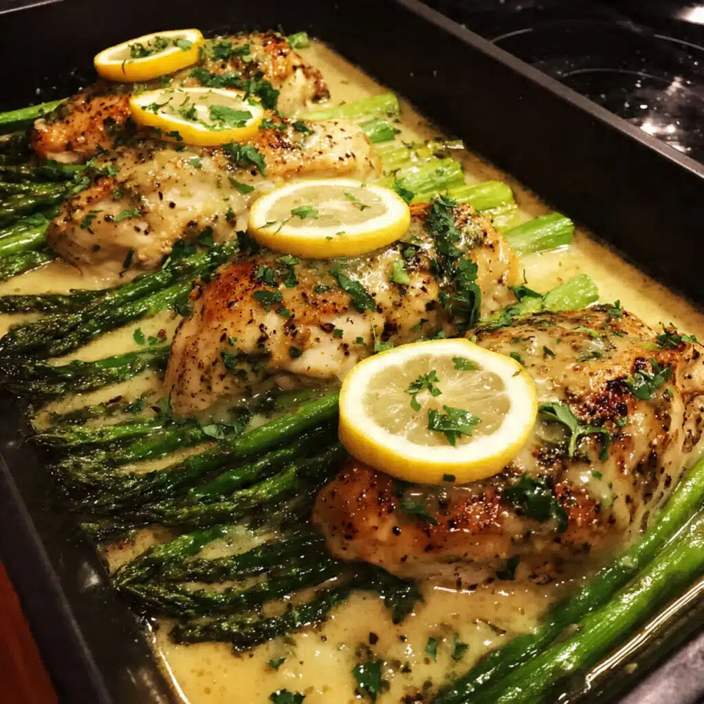 Baked Chicken and Asparagus is the easiest one-pan dinner you'll make all week! Tender, juicy chicken with perfectly roasted asparagus and a bright lemon-garlic sauce