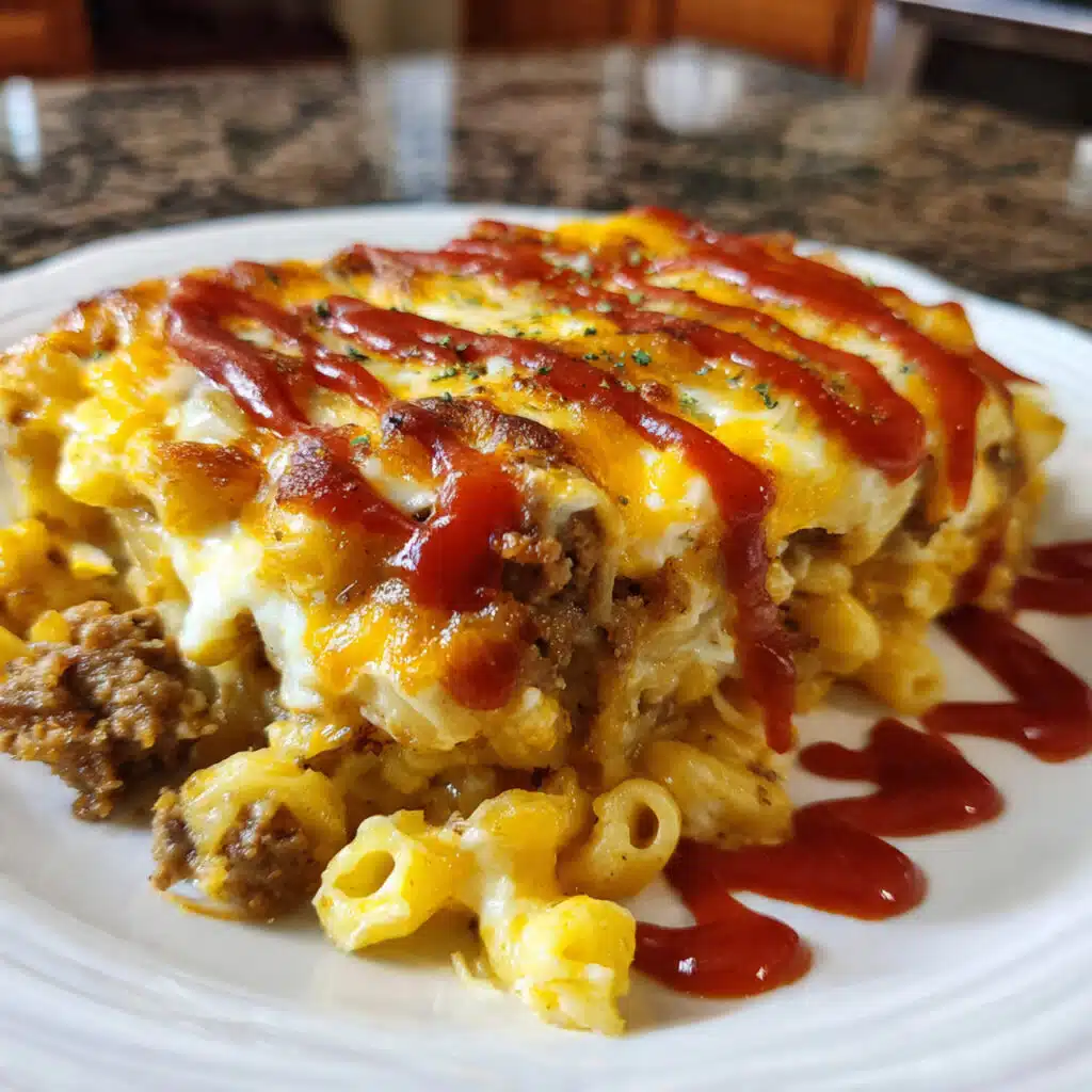 Mac and Cheese Meatloaf Casserole in a 9x13 baking dish with golden melted cheese on top, showing layers of pasta and meatloaf