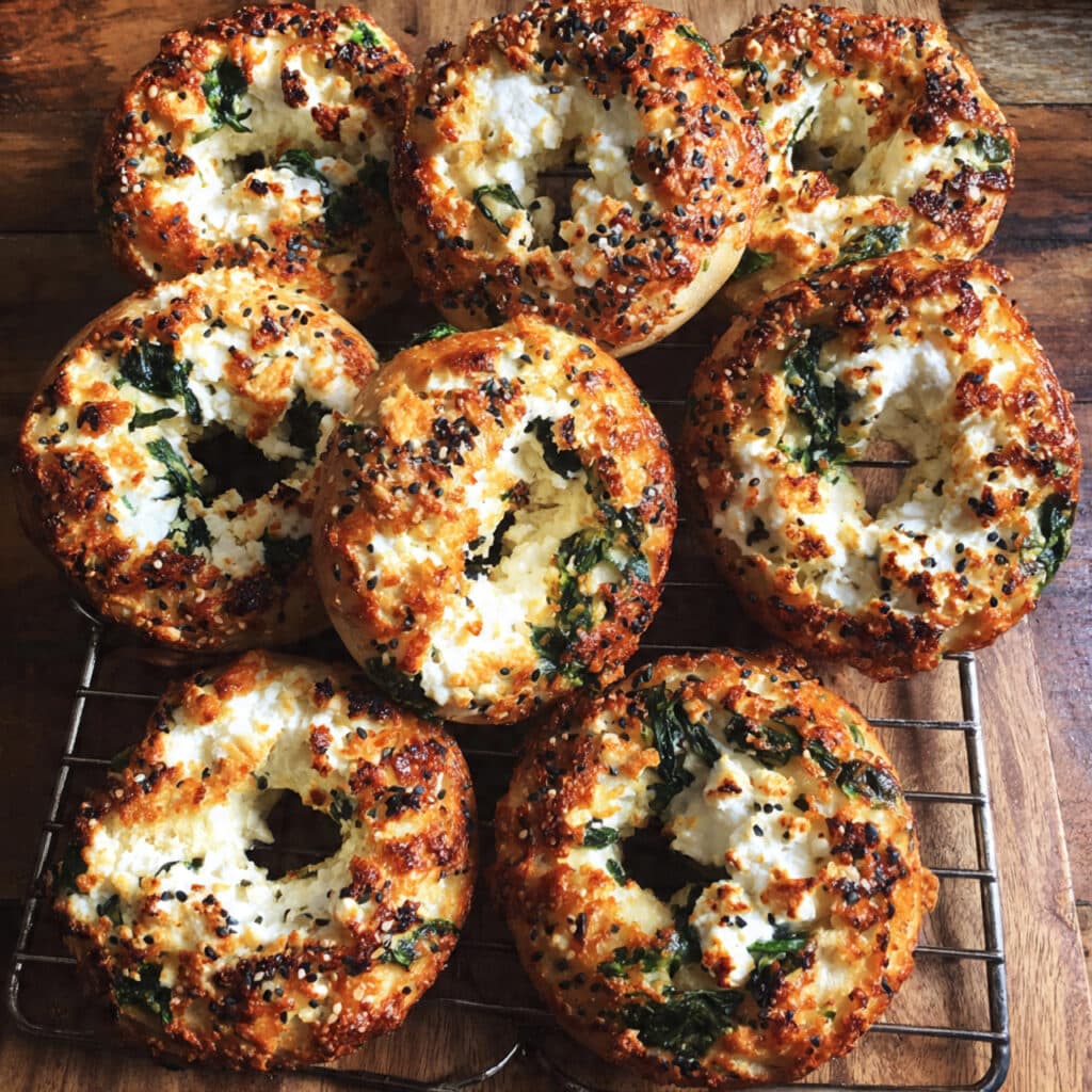 Golden-brown cottage cheese flagels topped with everything bagel seasoning on a white plate, showing soft, tender texture with visible spinach flecks