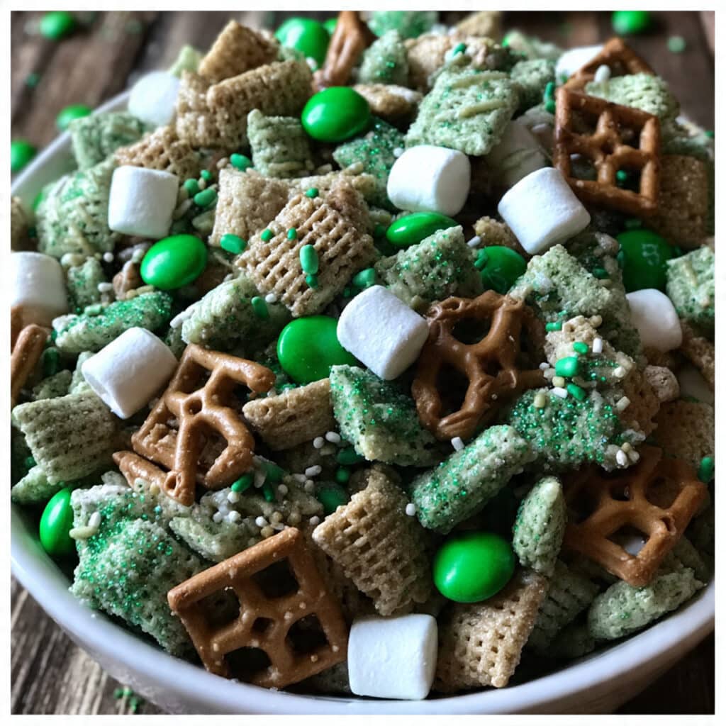 festive Saint Patrick's Day Puppy Chow takes just 15 minutes to make and is perfect for parties, gifts, or afternoon snacking