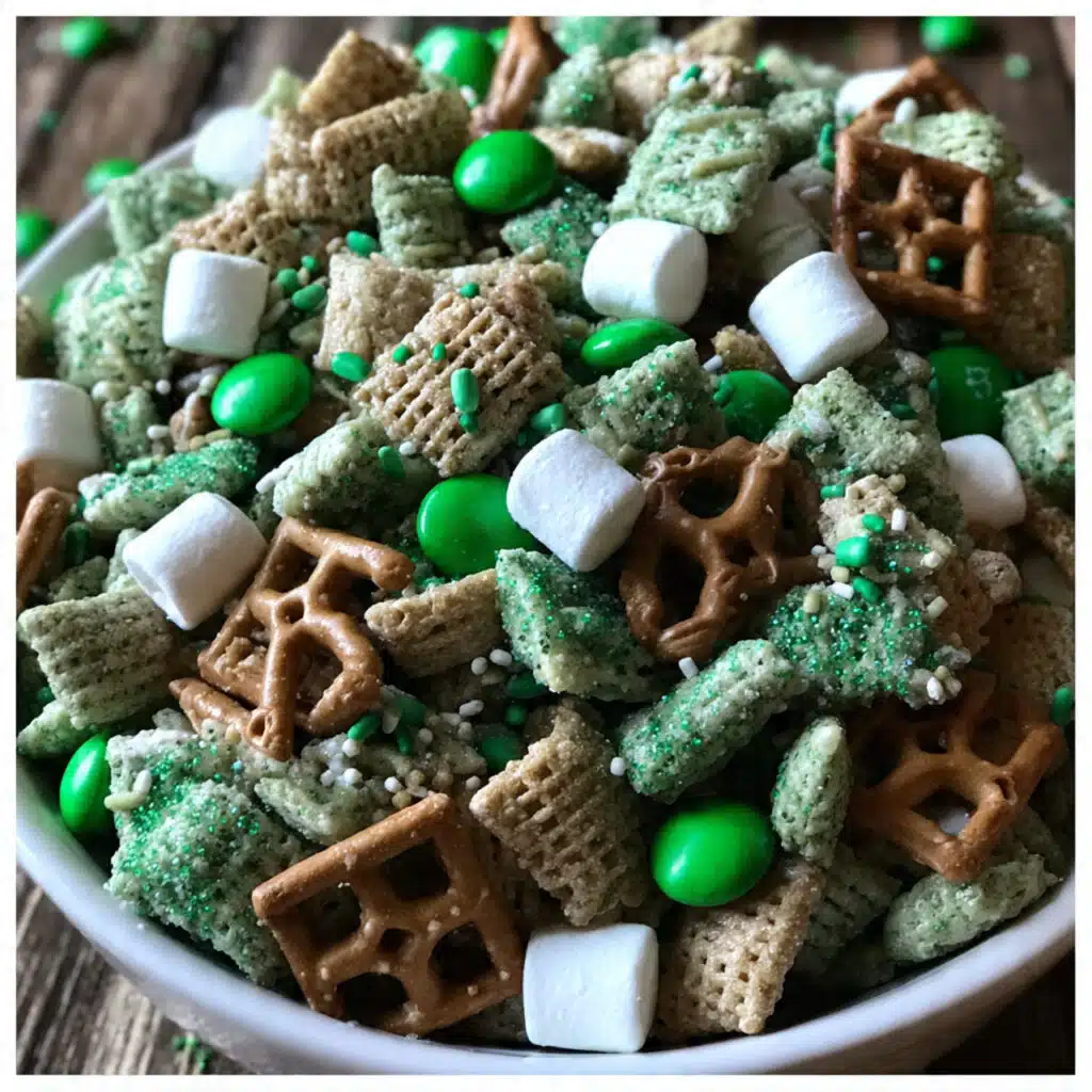 festive Saint Patrick's Day Puppy Chow takes just 15 minutes to make and is perfect for parties, gifts, or afternoon snacking
