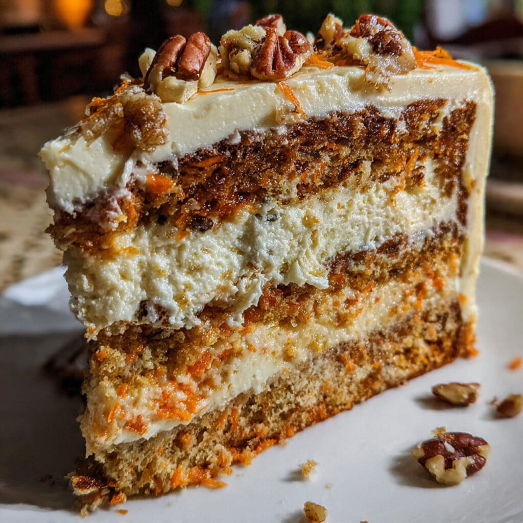A slice of layered carrot cake cheesecake on a white plate showing marbled orange carrot cake and creamy white cheesecake layers, topped with cream cheese frosting and chopped pecans