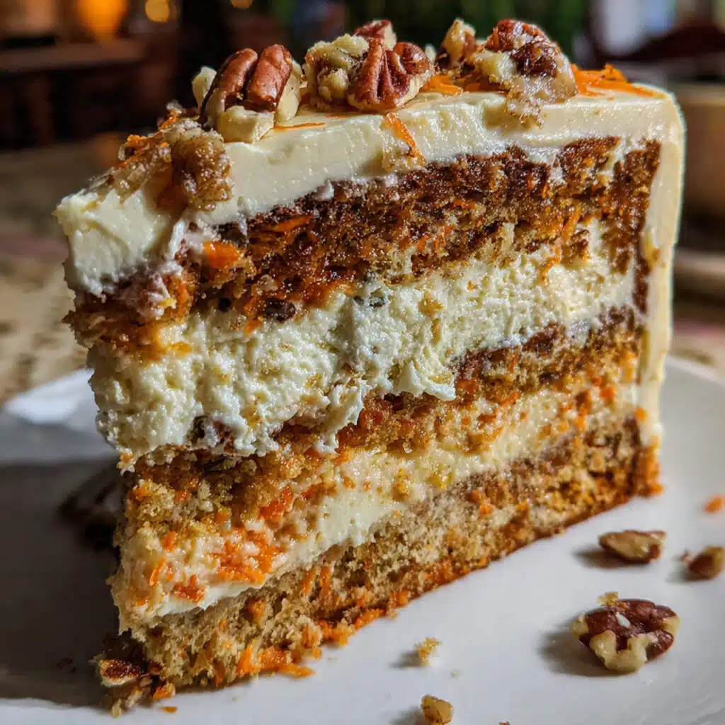 A slice of layered carrot cake cheesecake on a white plate showing marbled orange carrot cake and creamy white cheesecake layers, topped with cream cheese frosting and chopped pecans