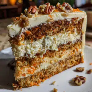A slice of layered carrot cake cheesecake on a white plate showing marbled orange carrot cake and creamy white cheesecake layers, topped with cream cheese frosting and chopped pecans