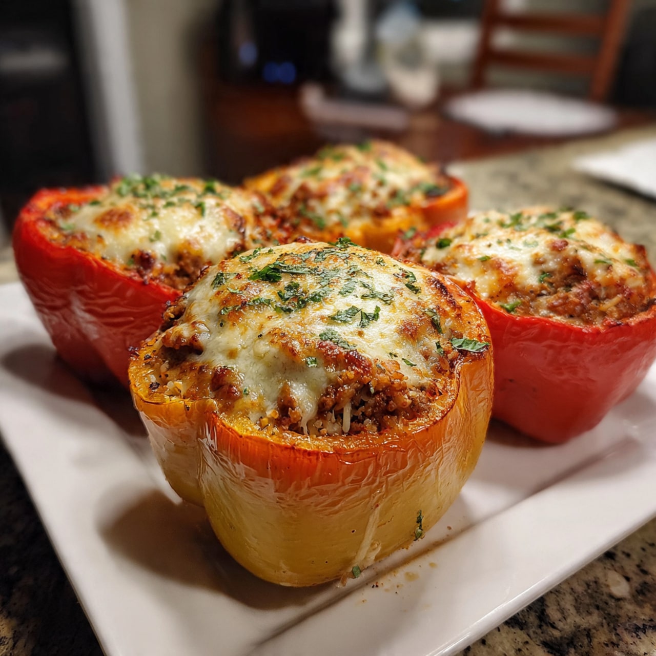 Italian stuffed bell peppers filled with seasoned ground beef, rice, tomatoes, and melted mozzarella cheese in a white baking dish