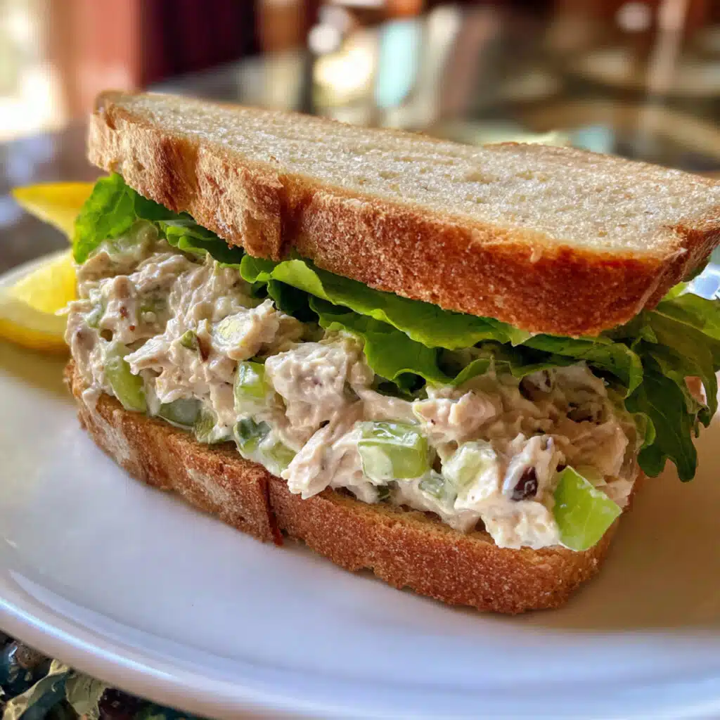 Creamy tuna salad sandwich on toasted wheat bread with crisp lettuce and fresh tomato slices, served with pickle spears and chips on a white plate