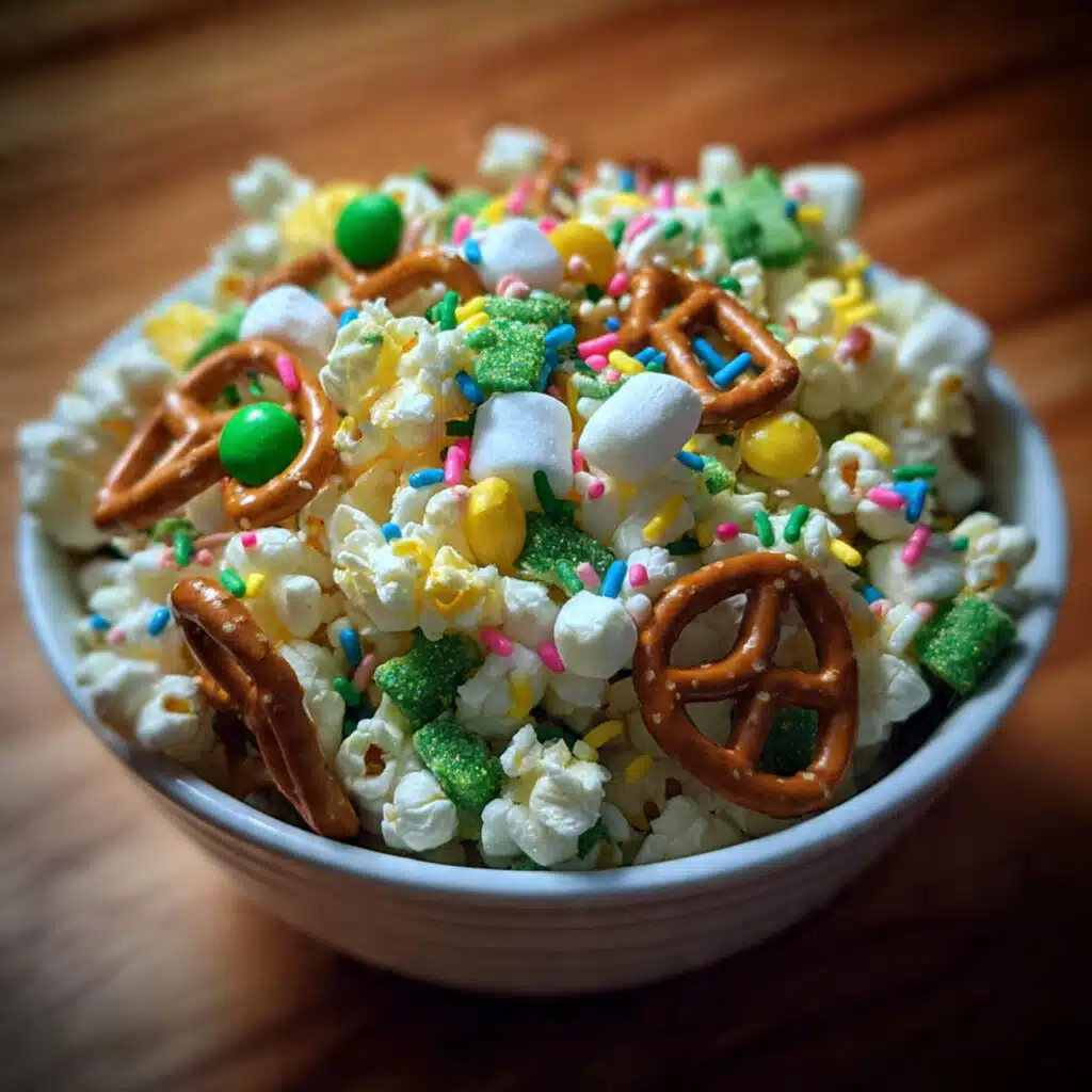 Loaded Leprechaun Popcorn showing colorful green cereal pieces, white chocolate-coated popcorn clusters, pretzels, marshmallows, and festive sprinkles in a clear bowl
