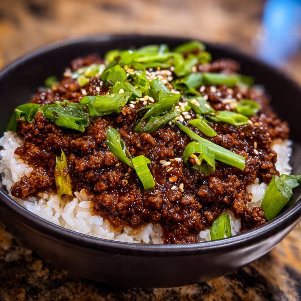 A bowl of Mongolian ground beef served over white rice, garnished with sliced green onions and sesame seeds, with glossy brown sauce coating the beef