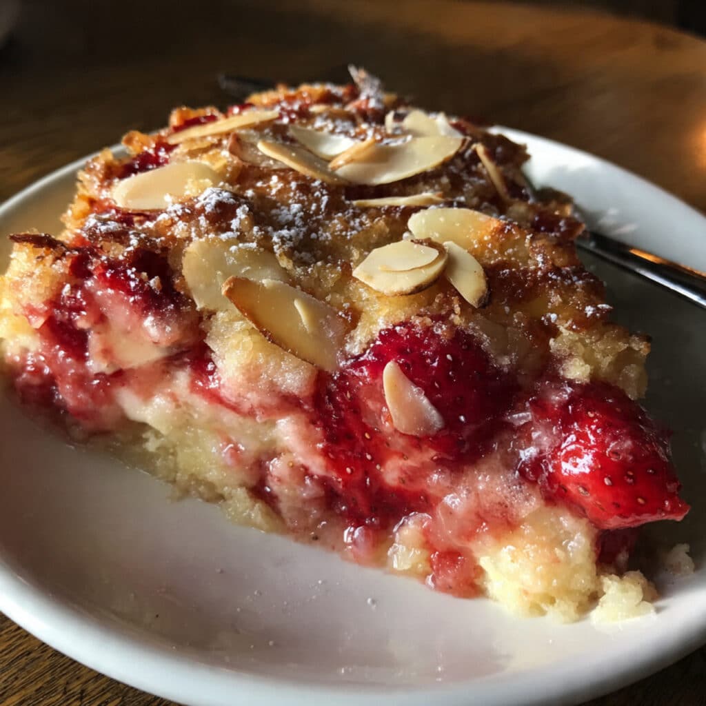 Strawberry Dump Cake 7 Golden brown strawberry dump cake in a white baking dish with a serving spoon, showing layers of bubbling strawberry filling beneath a buttery crumble topping with toasted almonds