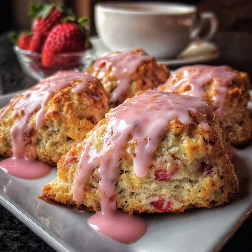 Strawberry Scones 8 Soft strawberry scones with pink strawberry glaze drizzled on top, arranged on a white plate with fresh strawberries