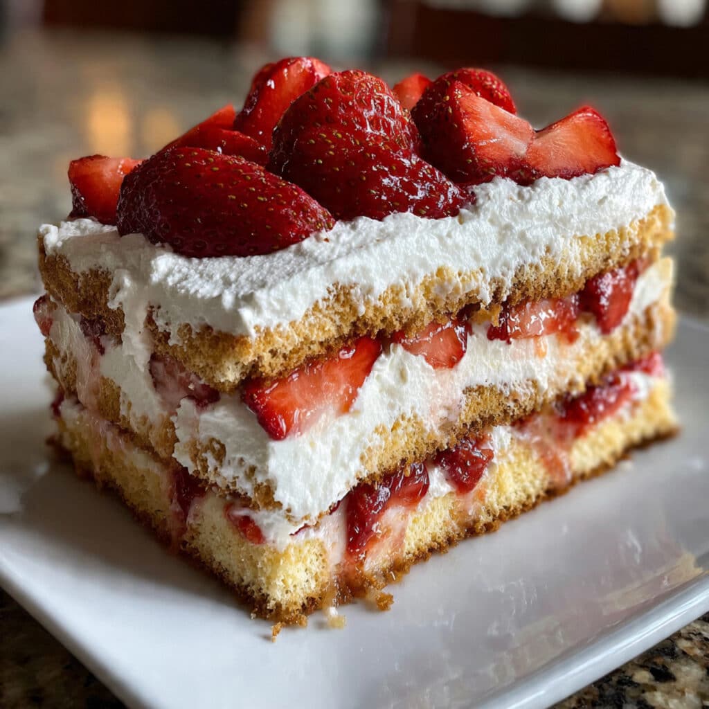 strawberry tiramisu dessert in a glass dish showing mascarpone cream, fresh strawberries, and ladyfinger cookies garnished with fresh berries and mint