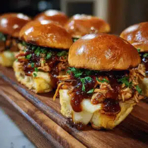 Golden brown BBQ chicken sliders in a baking dish topped with melted cheese, fresh cilantro, and red onions