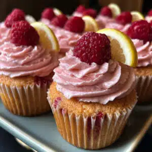 Raspberry cupcakes with pink buttercream frosting topped with fresh raspberries and lemon zest on a white serving platter