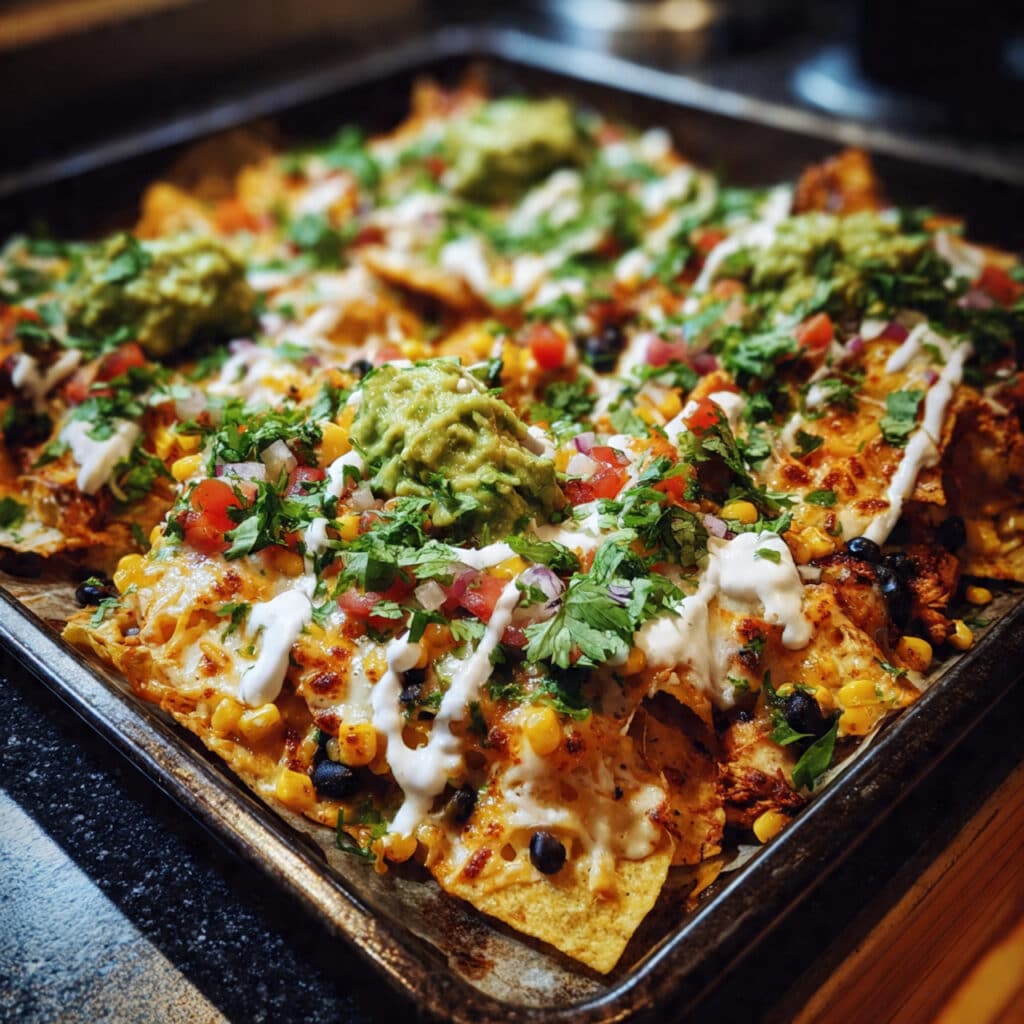chicken nachos on a baking sheet with melted cheese, seasoned chicken, black beans, corn, jalapeños, topped with sour cream, guacamole, and fresh cilantro