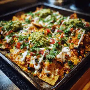 chicken nachos on a baking sheet with melted cheese, seasoned chicken, black beans, corn, jalapeños, topped with sour cream, guacamole, and fresh cilantro