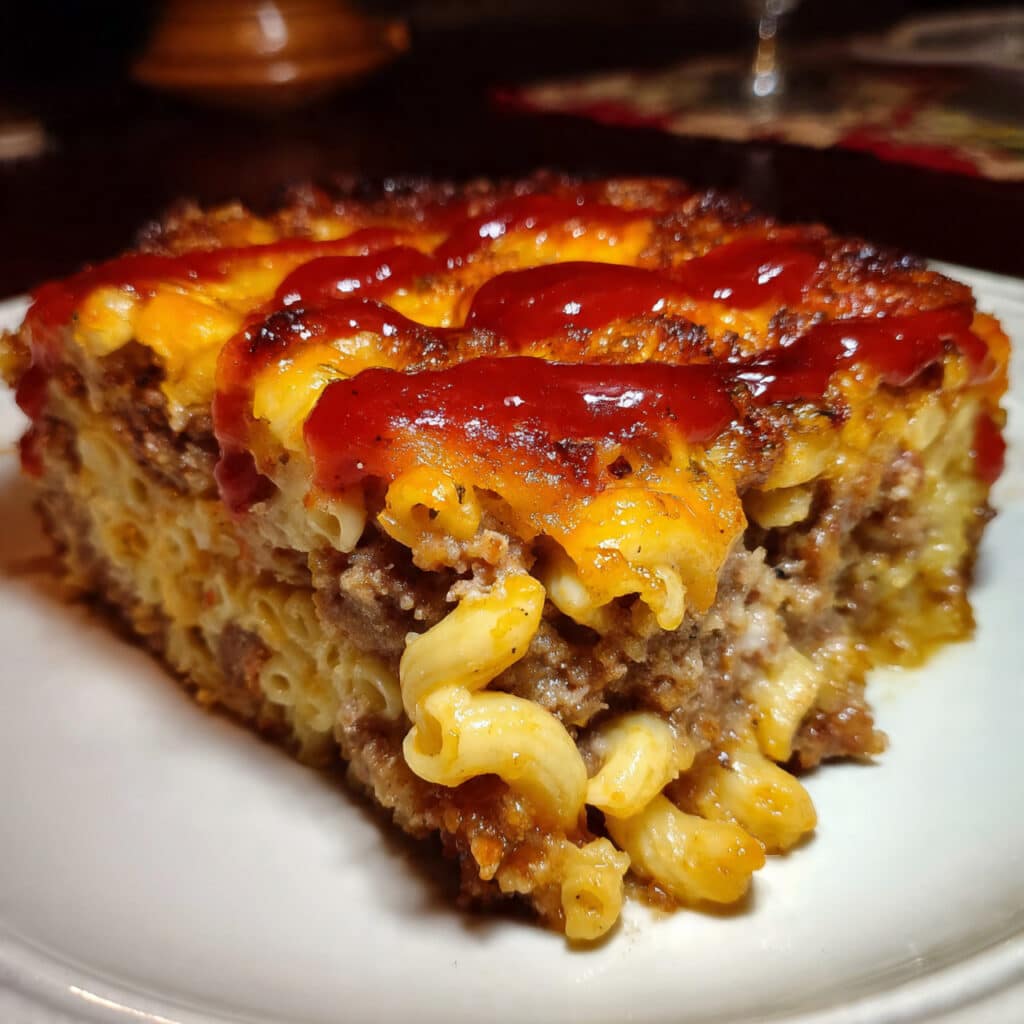 Mac and Cheese Meatloaf Casserole 7 Mac and Cheese Meatloaf Casserole in a 9x13 baking dish with golden melted cheese on top, showing layers of pasta and meatloaf