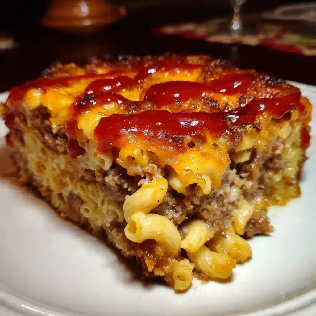 Mac and Cheese Meatloaf Casserole in a 9x13 baking dish with golden melted cheese on top, showing layers of pasta and meatloaf