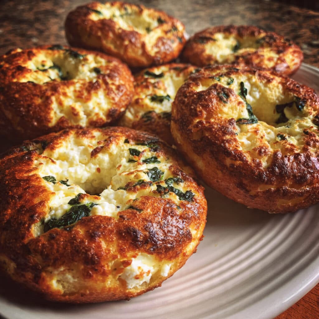 Cottage Cheese Flagels 8 Golden-brown cottage cheese flagels topped with everything bagel seasoning on a white plate, showing soft, tender texture with visible spinach flecks