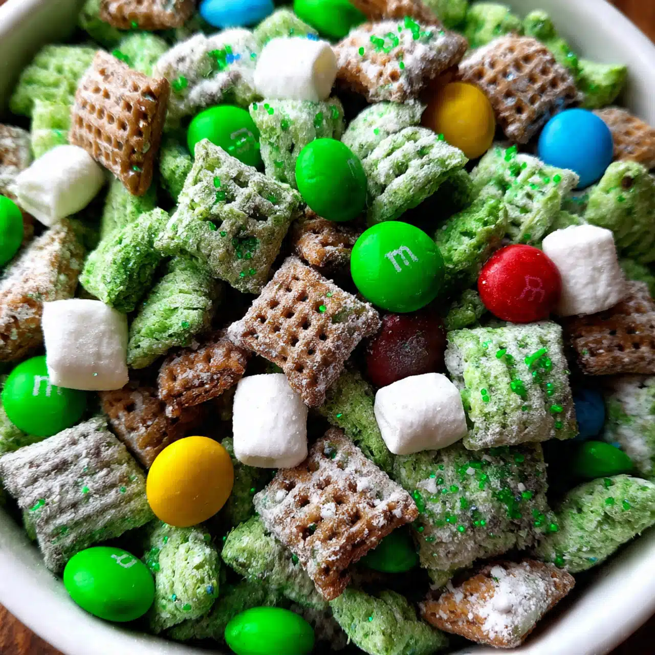festive Saint Patrick's Day Puppy Chow takes just 15 minutes to make and is perfect for parties, gifts, or afternoon snacking