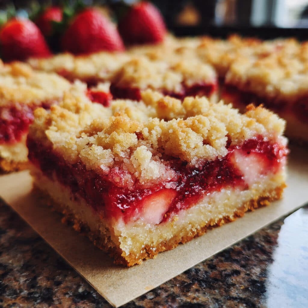 Golden brown strawberry crumb bars with visible red strawberry filling, cut into squares and arranged on a white plate