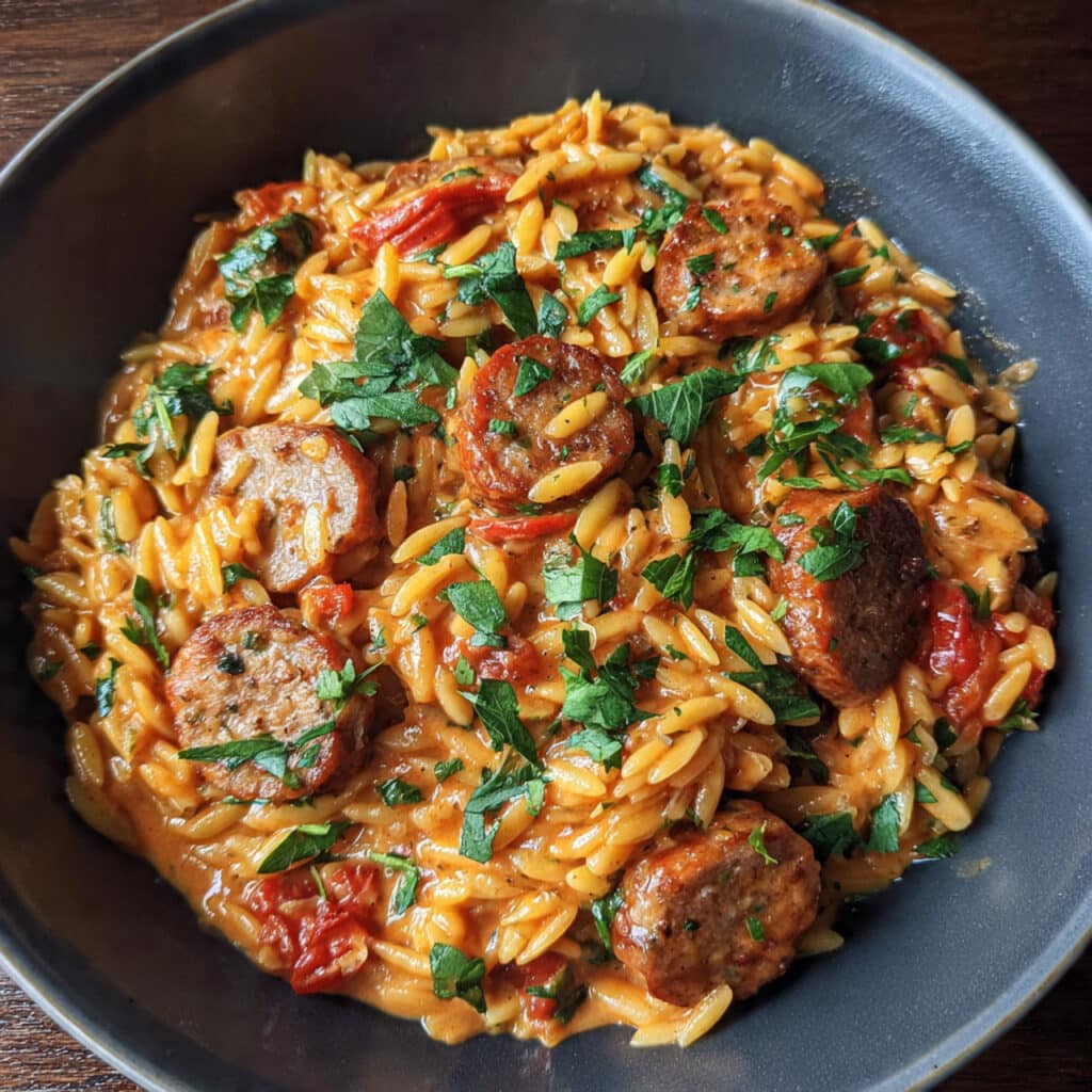 Creamy spicy Italian sausage orzo in a large skillet with fresh basil garnish and grated Parmesan cheese, showing tender orzo pasta in rich tomato cream sauce with browned sausage pieces