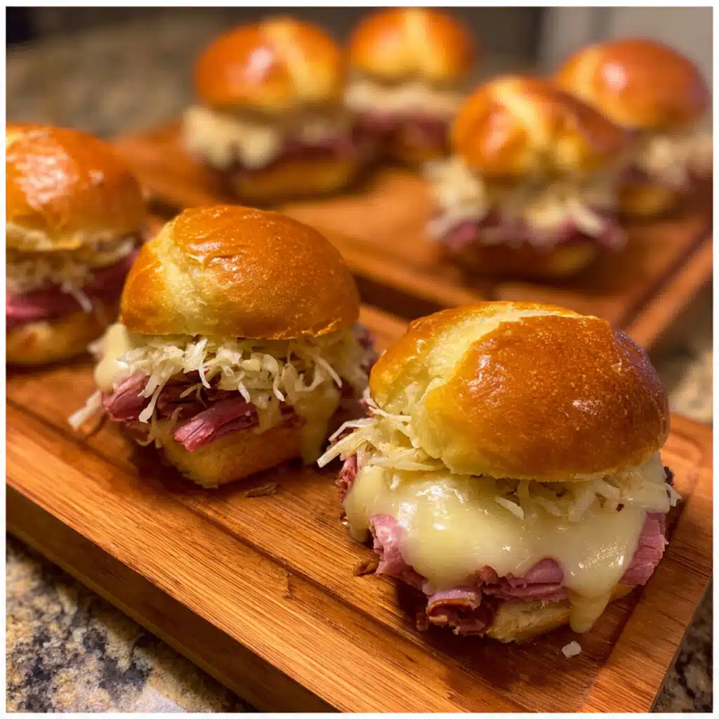 Golden-topped Reuben sliders in a baking dish with melted Swiss cheese, pastrami, and sauerkraut on soft Hawaiian rolls