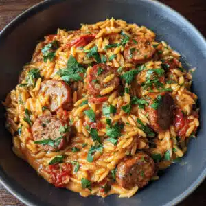 Creamy spicy Italian sausage orzo in a large skillet with fresh basil garnish and grated Parmesan cheese, showing tender orzo pasta in rich tomato cream sauce with browned sausage pieces