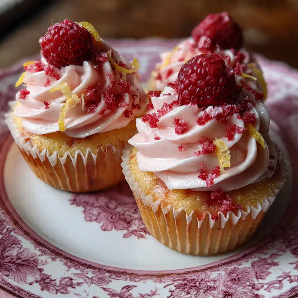 Raspberry cupcakes with pink buttercream frosting topped with fresh raspberries and lemon zest on a white serving platter