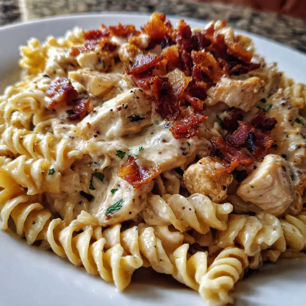 Creamy chicken bacon ranch pasta in a white bowl with melted cheese, crispy bacon pieces, and fresh parsley garnish