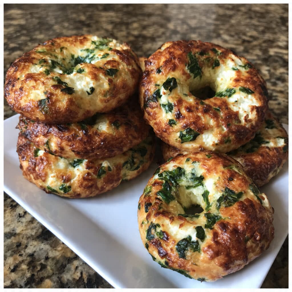Cottage Cheese Flagels 7 Golden-brown cottage cheese flagels topped with everything bagel seasoning on a white plate, showing soft, tender texture with visible spinach flecks