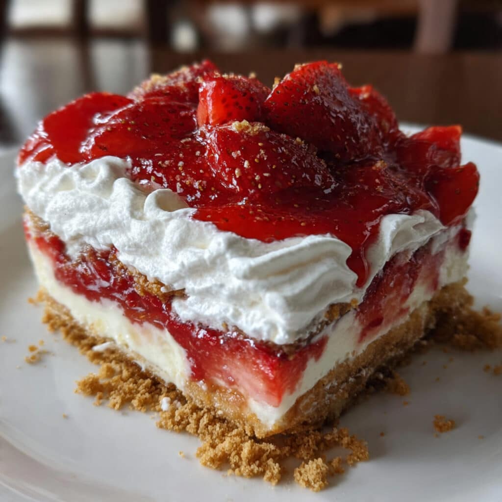 no-bake strawberry lasagna dessert in a glass dish showing graham cracker crust, cream cheese layer, pudding, fresh strawberries, and whipped topping