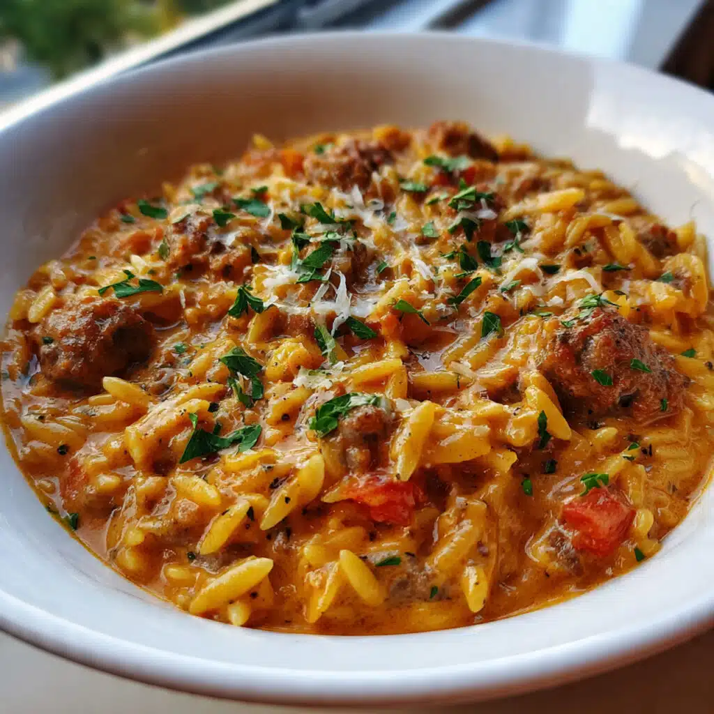 Creamy spicy Italian sausage orzo in a large skillet with fresh basil garnish and grated Parmesan cheese, showing tender orzo pasta in rich tomato cream sauce with browned sausage pieces