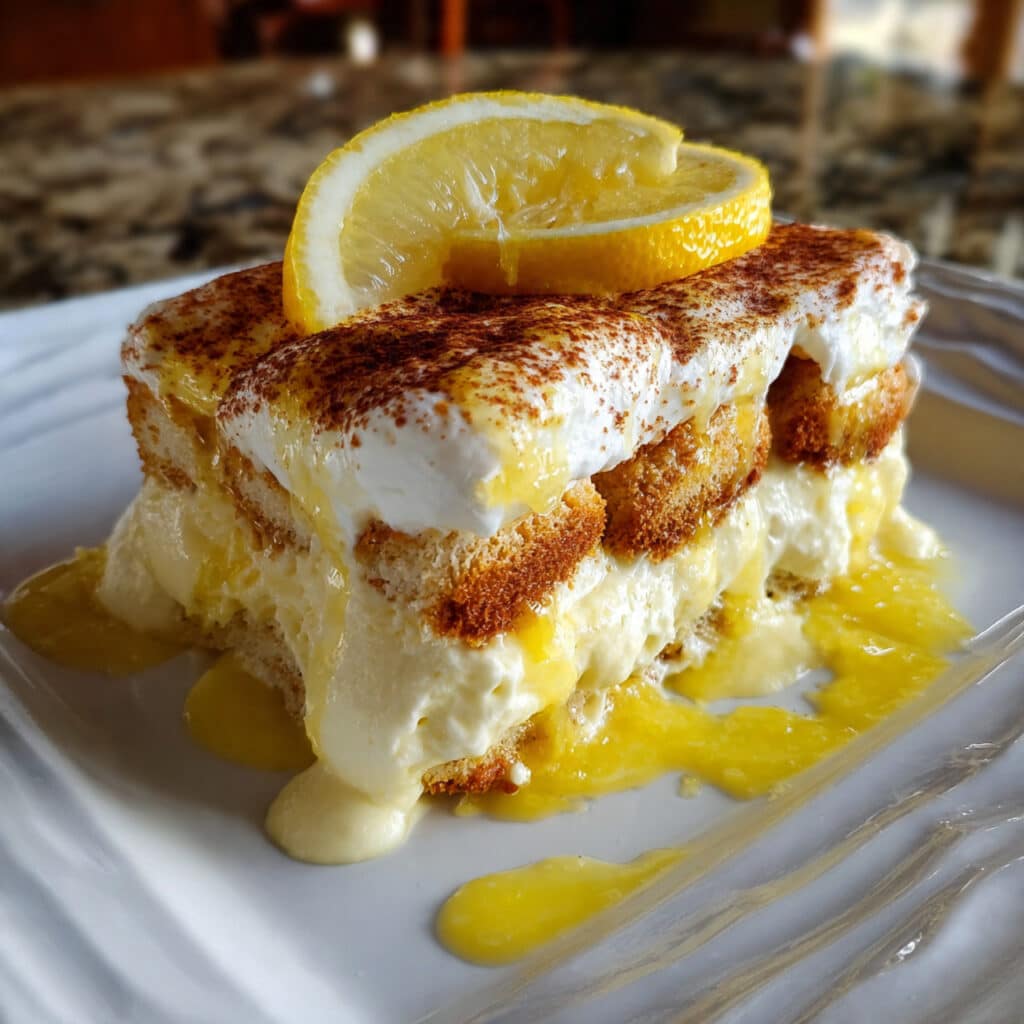 Layered limoncello tiramisu dessert in a glass dish topped with powdered sugar and lemon zest, showing creamy mascarpone layers and soaked ladyfingers