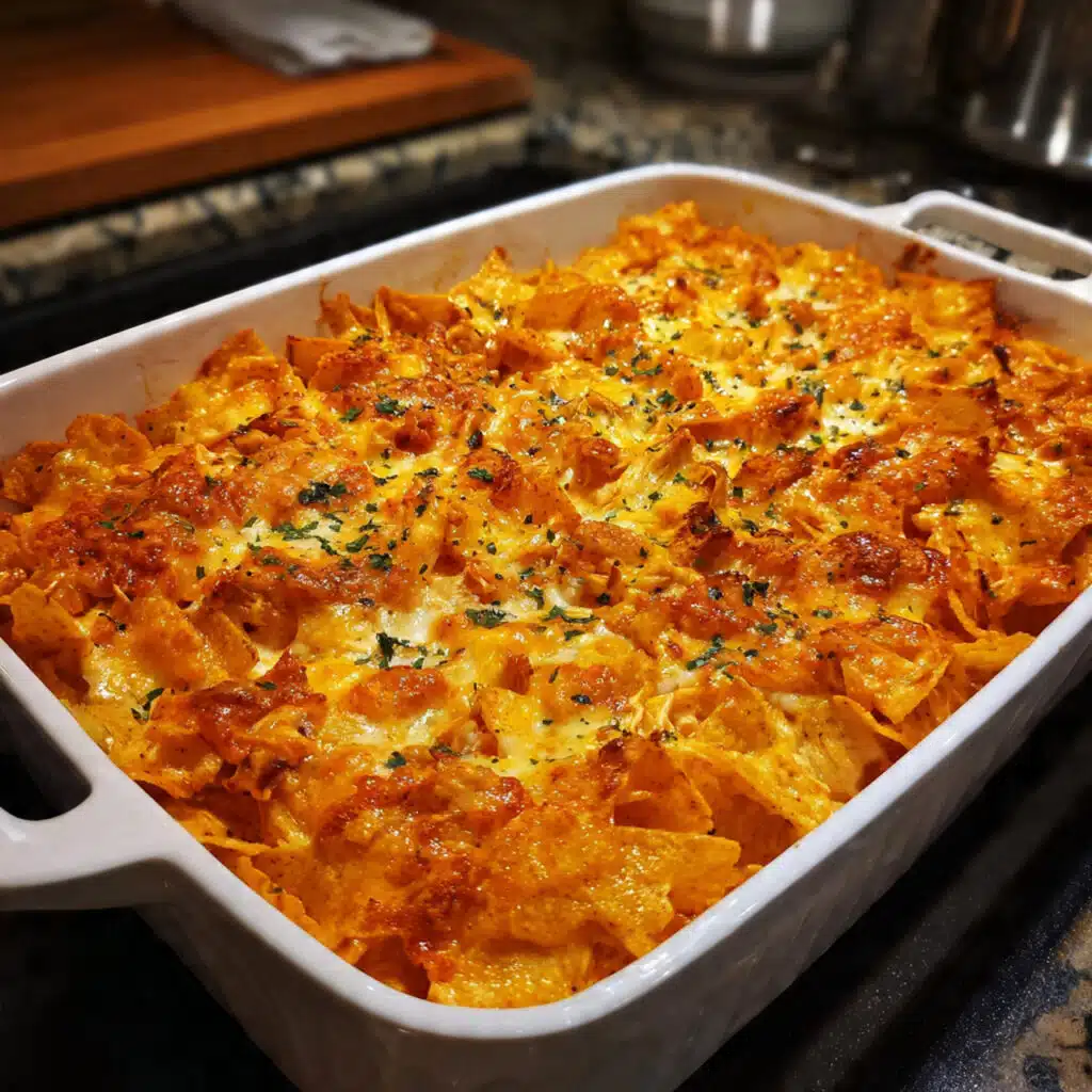 Golden bubbly Doritos chicken casserole in a white baking dish topped with melted cheese and crushed tortilla chips