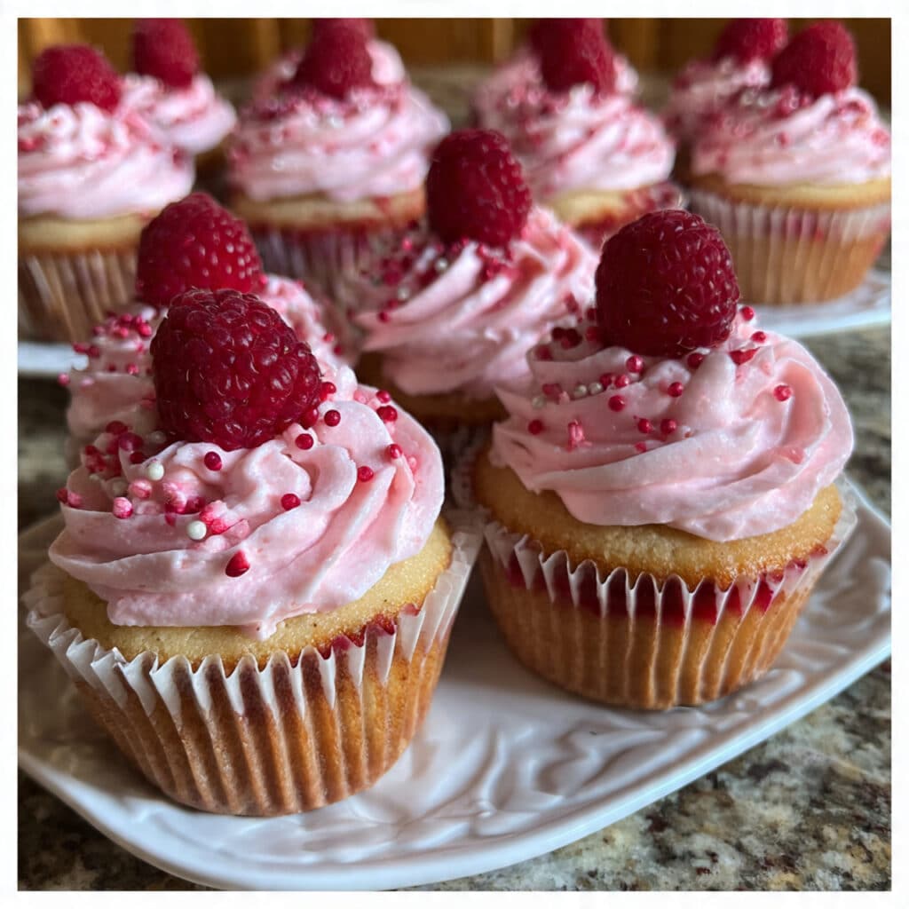 Raspberry cupcakes with pink buttercream frosting topped with fresh raspberries and lemon zest on a white serving platter