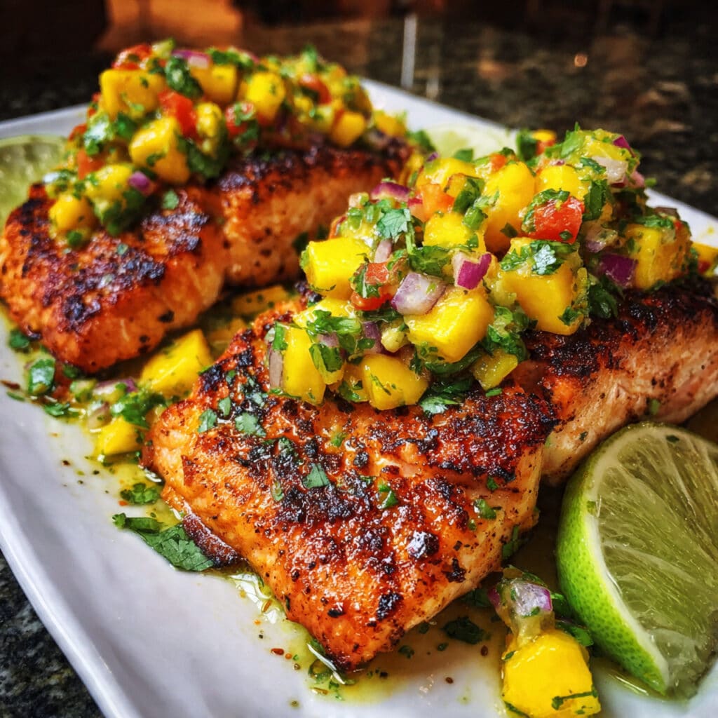 Grilled Salmon with Mango Salsa is summer on a plate! Perfectly seasoned, tender salmon topped with the most vibrant, fresh, and flavorful mango salsa.