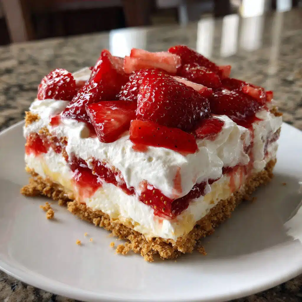 no-bake strawberry lasagna dessert in a glass dish showing graham cracker crust, cream cheese layer, pudding, fresh strawberries, and whipped topping