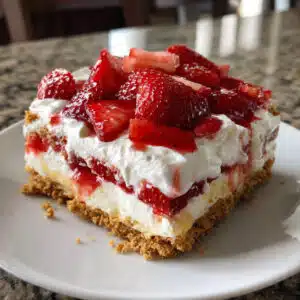 no-bake strawberry lasagna dessert in a glass dish showing graham cracker crust, cream cheese layer, pudding, fresh strawberries, and whipped topping